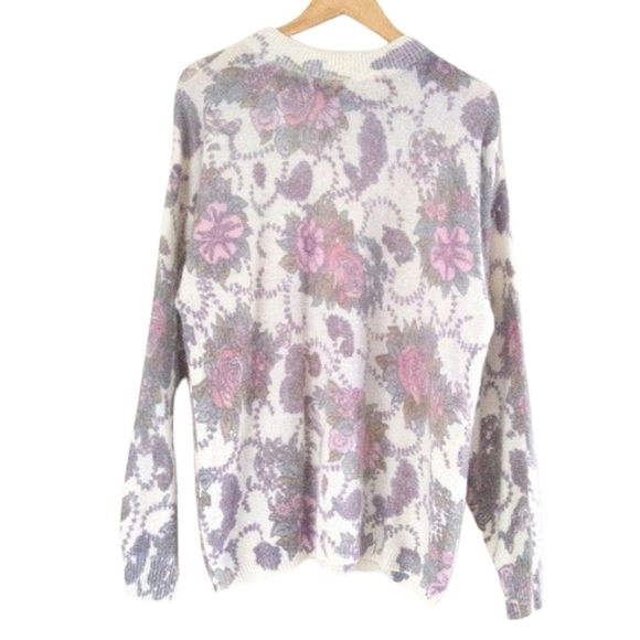 Vtg Shenanigans Floral Sweater Women's S White Angora & Wool Blend Mock Neck - Picture 1 of 10